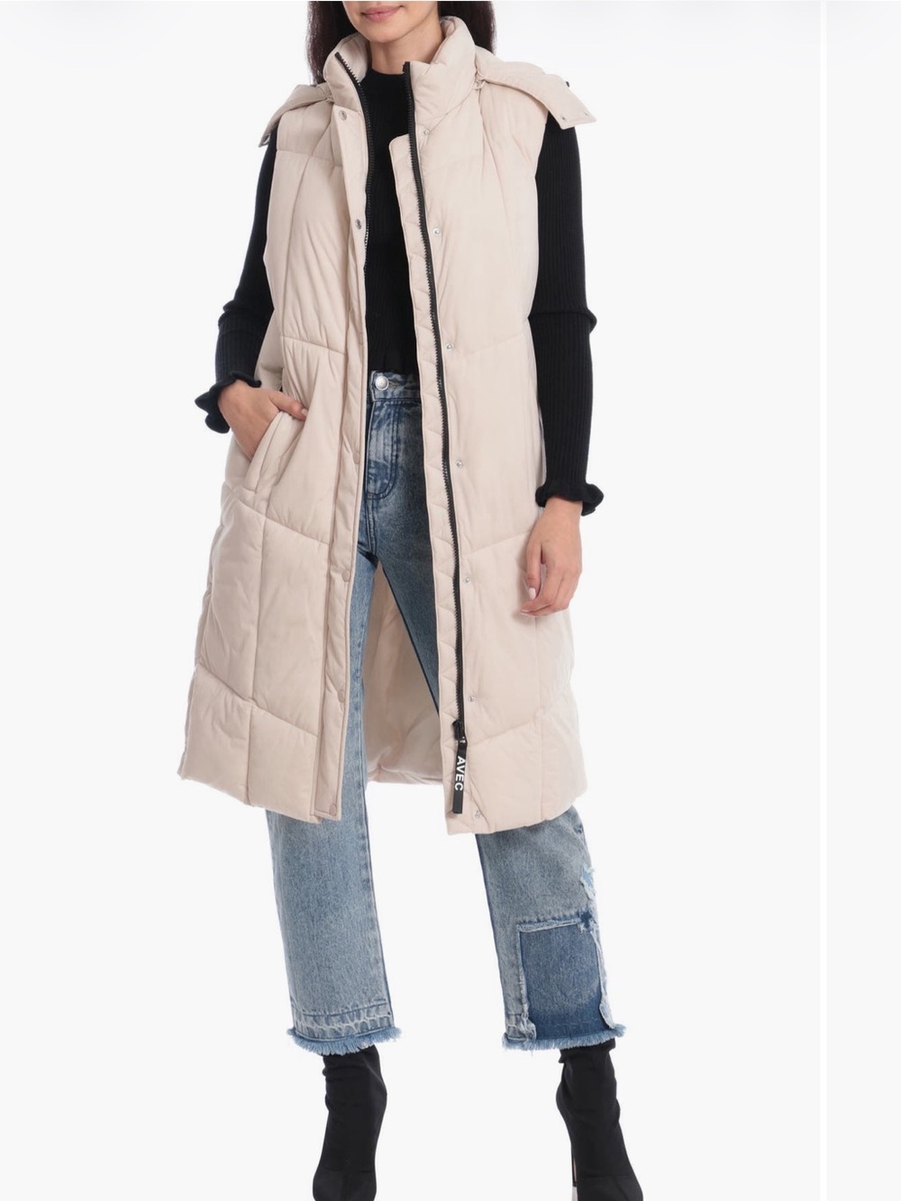 Avec Les Filles Thermalpuff Longline Hooded Quilted Long Puffer Vest Cream Large